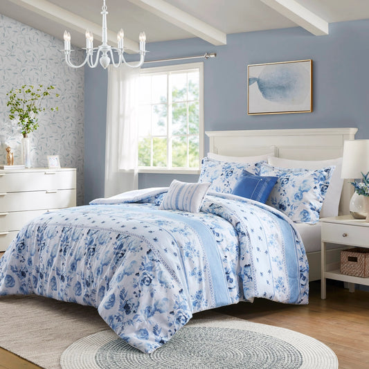 Dreamy Vintage Floral Striped Comforter Set, Blue