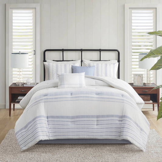 6 Piece Cotton Jacquard Oversized Comforter Set, White/Blue