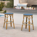 PURPLE LEAF Patio French Round Counter Stool Set of 2 Rattan Backless Stackable Barstools Aluminum Frame Footrest with Woven Wicker for Outdoor Kitchen Yard