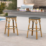 PURPLE LEAF Patio French Round Counter Stool Set of 2 Rattan Backless Stackable Barstools Aluminum Frame Footrest with Woven Wicker for Outdoor Kitchen Yard