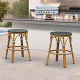PURPLE LEAF Patio French Round Counter Stool Set of 2 Rattan Backless Stackable Barstools Aluminum Frame Footrest with Woven Wicker for Outdoor Kitchen Yard