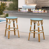 PURPLE LEAF Patio French Round Counter Stool Set of 2 Rattan Backless Stackable Barstools Aluminum Frame Footrest with Woven Wicker for Outdoor Kitchen Yard