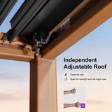 PURPLE LEAF Caesar Louvered Pergola Outdoor Wood Grain Frame Gray Roof Aluminum Pergola with Adjustable Roof Patio Hardtop Gazebo for Backyard Garden