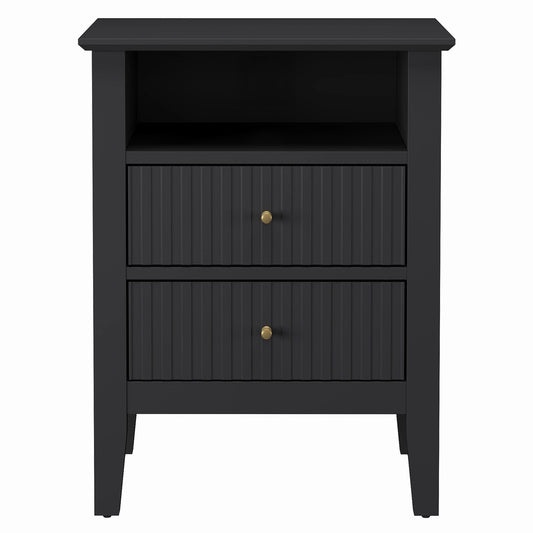 Black Fluted Nightstand with 2 Drawers, Modern Sofa Table