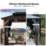 PURPLE LEAF Metal Gazebo Double Roof Wood Grain Aluminum Frame with Curtains and Netting with Lights-milky