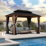 PURPLE LEAF Metal Gazebo Double Roof Wood Grain Aluminum Frame with Curtains and Netting