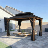 PURPLE LEAF Metal Gazebo Double Roof Wood Grain Aluminum Frame with Curtains and Netting with Lights-clear