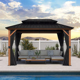 PURPLE LEAF Metal Gazebo Double Roof Wood Grain Aluminum Frame with Curtains and Netting with Lights-clear