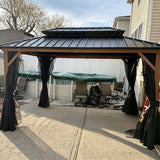 PURPLE LEAF Metal Gazebo Double Roof Wood Grain Aluminum Frame with Curtains and Netting with Lights-clear