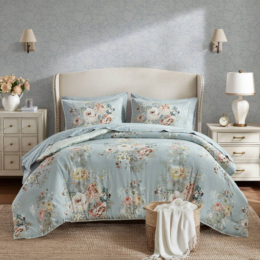 Vintage-Floral Inspired Comforter Set, Soft Blue