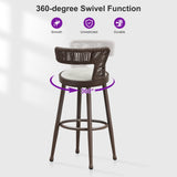 PURPLE LEAF Outdoor Swivel Bar Stools Set of 2 Metal Modern Rattan Bar Chairs with Backrest Aluminum Woven Barstools with Cushions