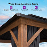 PURPLE LEAF Metal Gazebo Double Roof Wood Grain Aluminum Frame with Curtains and Netting with Lights-milky