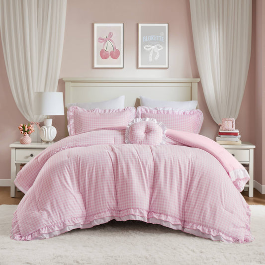 Soft Ruffled Gingham Comforter Set, Pink