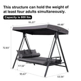 PURPLE LEAF Outdoor Patio Porch Swing Adjustable Backrest, 3-seat Swing Chair with Weather Resistant Steel Frame for Backyard ,Pillows Included