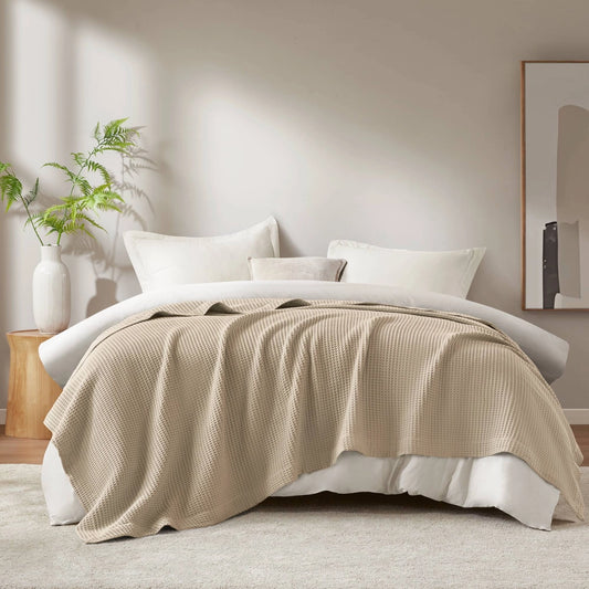 Waffle Weave Cotton Bedding Blanket, Khaki