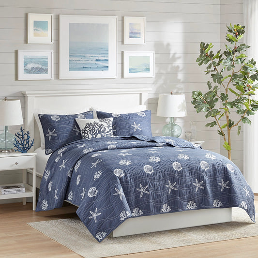Coastal Seaside Beach House Quilt Set, Blue