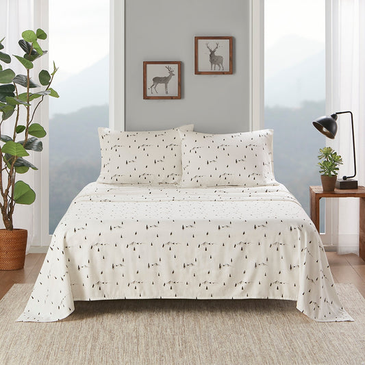 Winter Flannel Cotton Sheet Set, Black Pine Trees White