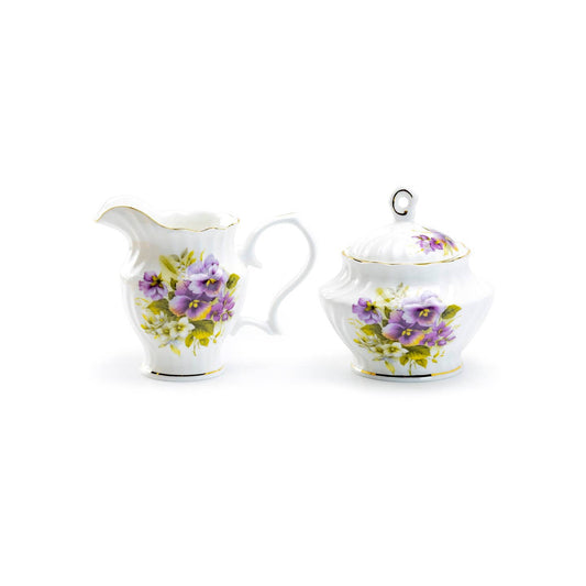 Gracie Bone China Purple Pansy Sugar & Creamer Set