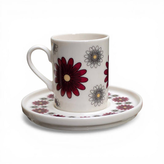Red Daisy Floral Porcelain Espresso Cup & Saucer Set