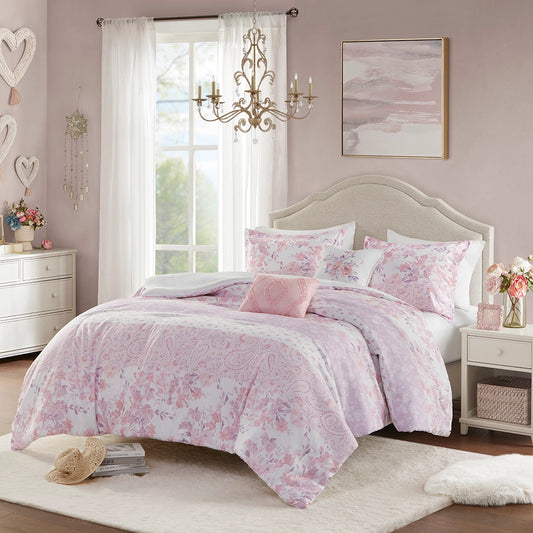 Modern Floral Paisley Comforter Set, Pink