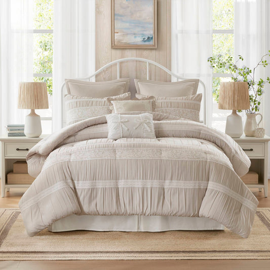 7 Piece Shabby Chic Comforter Set, Neutral