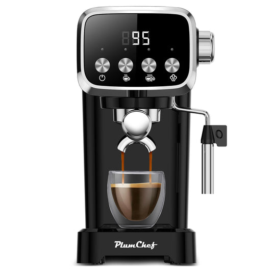 PlumChef PLJY0110 20BAR Espresso Machine with Milk Frother, 1350W Fast Heating, Compact Vertical Design, Built-in Cup Warmer, 43OZ Detachable Tank, for Latte Americano Cappuccino, Black
