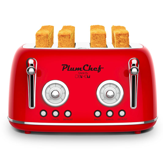 Plum Chef 4 Slice Retro Style Toaster, Dual Control Toaster, 6 Browning Settings, Bagel/Defrost Functions, Removable Crumb Tray, Stainless Steel Housing 1650W, Red