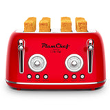 Plum Chef 4 Slice Retro Style Toaster, Dual Control Toaster, 6 Browning Settings, Bagel/Defrost Functions, Removable Crumb Tray, Stainless Steel Housing 1650W, Red