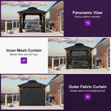 PURPLE LEAF Metal Gazebo Double Roof Wood Grain Aluminum Frame with Curtains and Netting with Lights-clear