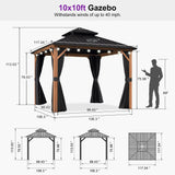 PURPLE LEAF Metal Gazebo Double Roof Wood Grain Aluminum Frame with Curtains and Netting with Lights-milky