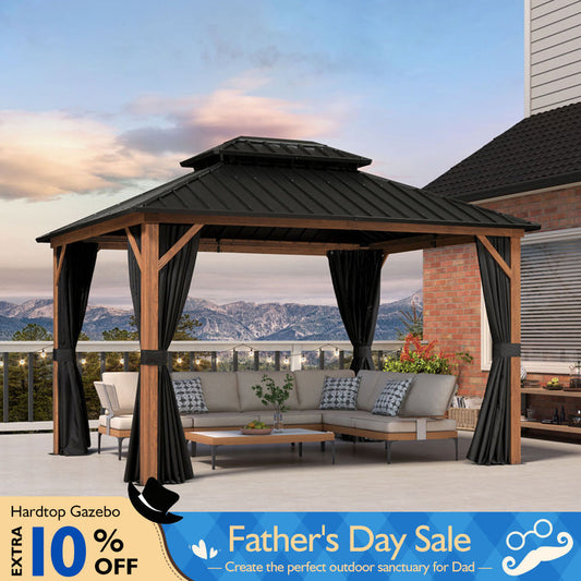 PURPLE LEAF Metal Gazebo Double Roof Wood Grain Aluminum Frame with Curtains and Netting