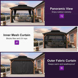PURPLE LEAF Metal Gazebo Double Roof Wood Grain Aluminum Frame with Curtains and Netting with Lights-milky