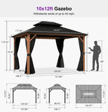 PURPLE LEAF Metal Gazebo Double Roof Wood Grain Aluminum Frame with Curtains and Netting
