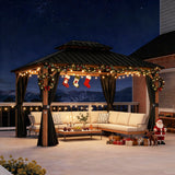PURPLE LEAF Metal Gazebo Double Roof Wood Grain Aluminum Frame with Curtains and Netting with Lights-milky