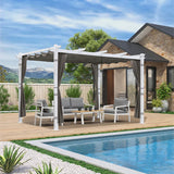 PURPLE LEAF Outdoor Retractable Pergola with Sun Shade Canopy Cover White Patio Metal Shelter for Garden With Curtains