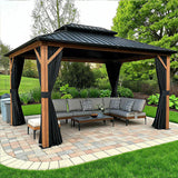 PURPLE LEAF Metal Gazebo Double Roof Wood Grain Aluminum Frame with Curtains and Netting with Lights-milky