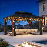 PURPLE LEAF Metal Gazebo Double Roof Wood Grain Aluminum Frame with Curtains and Netting with Lights-milky