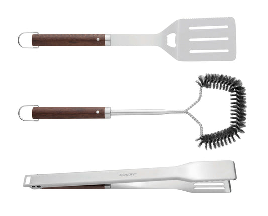 BergHOFF Essentials BBQ Set with Wood Handles Tongs, Spatula and Brush (3-Pieces)