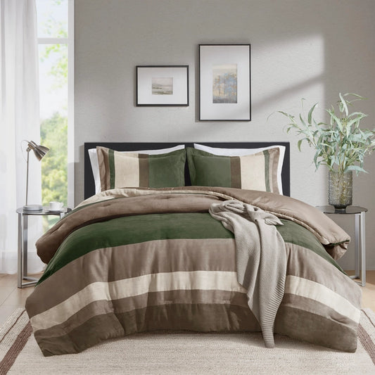 Fluffy Striped Pieced Faux Suede Comforter Set, Green