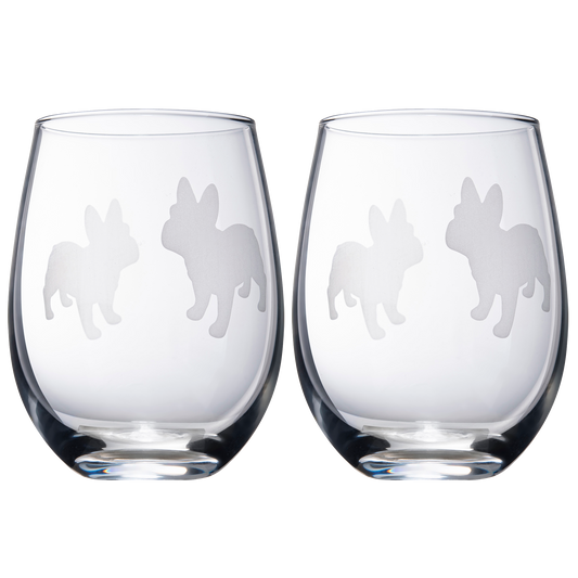 Set of 2 French Bulldog Dog Stemless Wine Glasses