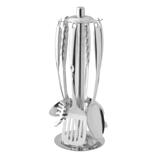 BergHOFF Essentials 18/10 Stainless Steel 7Pc Kitchen Utensil Set With Convenient Storage Rack, Silver