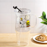 Peanuts Snoopy Glass Cups with Lids and Straws - 40 Oz Tumbler with Handle and Straw Glass Water Bottles Drinking Glasses with Straws Iced Coffee Cups Travel Coffee Mug Smoothie Tumbler