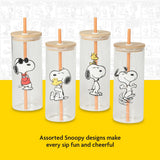 Peanuts Snoopy Happy Sips 4 Piece 23 OZ Tumbler Set with 4 Bamboo Lids and 4 Straws Set, Iced Coffe, Smoothie, Water Cup - Dishwasher Safe