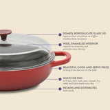 Crock-pot Artisan Studio Enameled Cast Iron Everyday Pan with Lid, 4.8 quarts, 12 inches, Borosilicate Glass Lid, Induction Base, Oven Safe, Red
