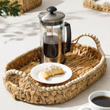 Gibson Home Riverrun Grove 17" Woven Decorative Serving Tray – Large Natural Water Hyacinth Basket w/ Wood-Bead Trim & Handles for Coffee Table Décor, Ottomans, Centerpieces & Kitchen Counter Display