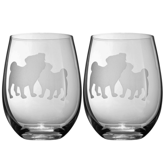 Set of 2 Pug Dog Stemless Wine Glasses