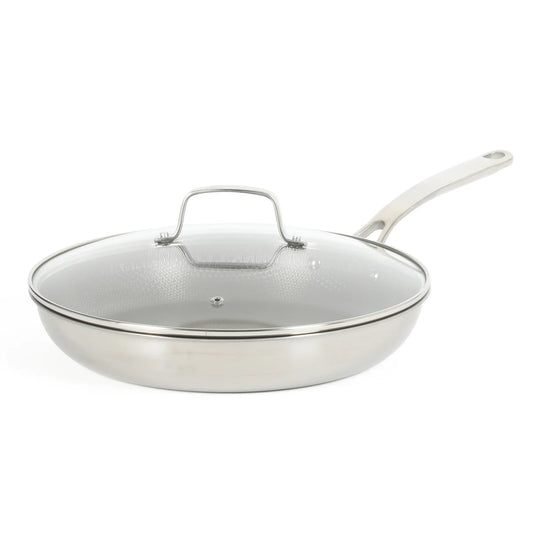 Martha Stewart Badgley Hybrid Nonstick 12 Inch TriPly Stainless Steel Large Fry Pan With Lid & Stay Cool Handle - Laser Etched Non-Toxic Nonstick Skillet - Dishwasher and Induction Safe