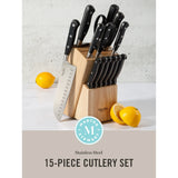 Martha Stewart Carverton 14 Piece High Carbon Stainless Steel Cutlery Kitchen Knife Block Set w/ABS Triple Riveted Forged Handle Wood Block - Black