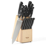 Martha Stewart Carverton 14 Piece High Carbon Stainless Steel Cutlery Kitchen Knife Block Set w/ABS Triple Riveted Forged Handle Wood Block - Black