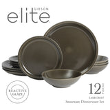 Gibson Elite 12 Piece (Service for 4) Lakecrest Plates and Bowls Reactive Glaze Round Dishes Stoneware Ceramic Dinnerware Set - Dark Green